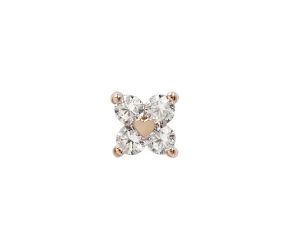 Stock image of Buddha Jewelry’s “Corazon” in 14k rose gold, showing its four sparkling crystals and central heart accent.