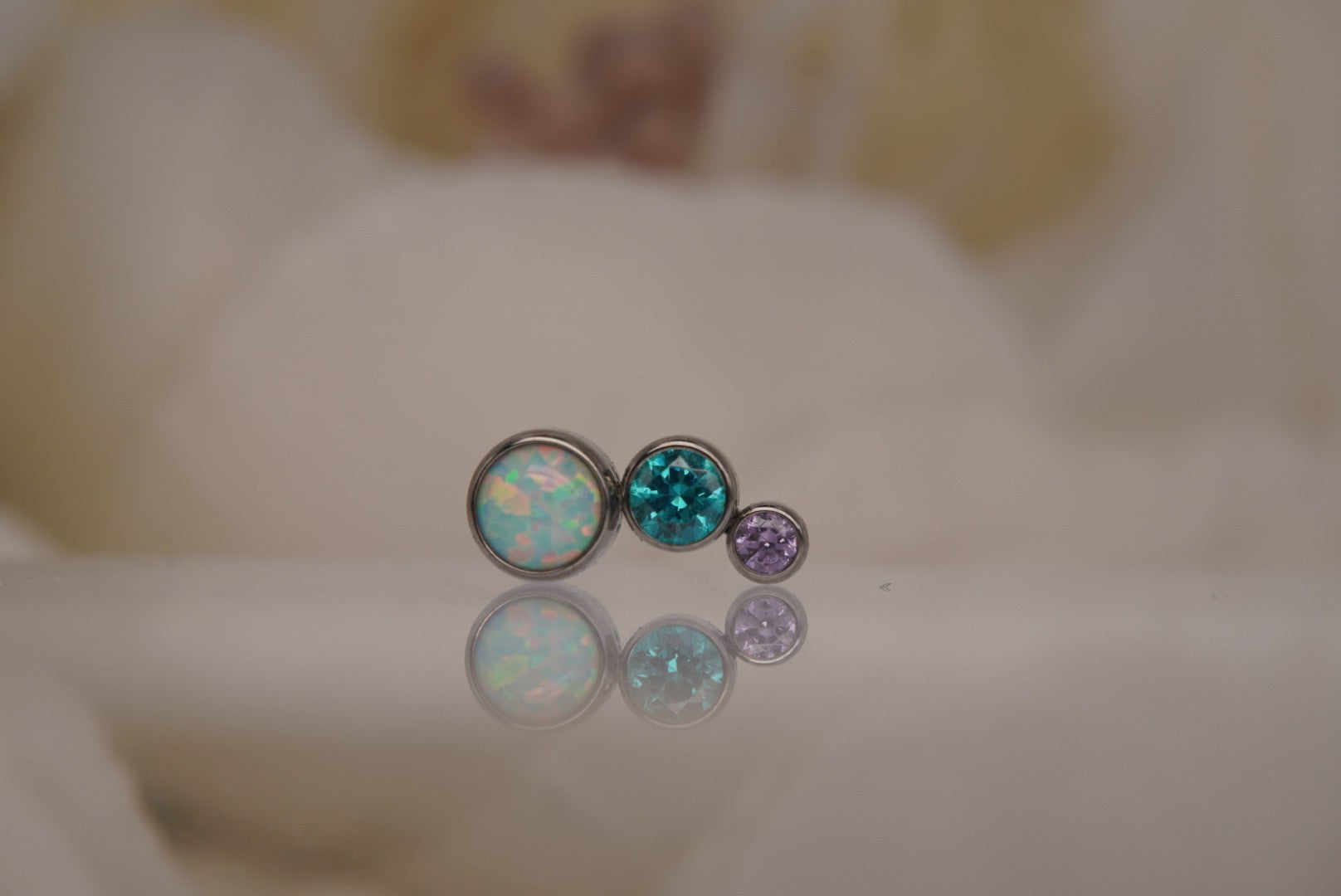 3-Gem Clio Left Facing (White Opal, Mint Green and Lavender)