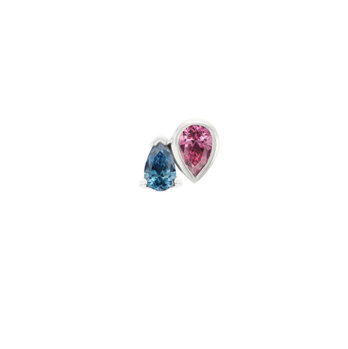 Stock image of Buddha Jewelry’s “Era” in 14k white gold, showing its side-by-side pink and blue pear-cut gemstones.