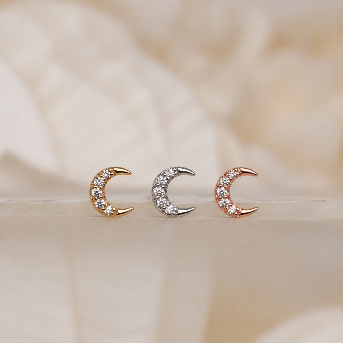 Buddha Jewelry Facing Heaven Moon 14k solid gold crystal threadless 3 moon yellow gold white gold rose gold