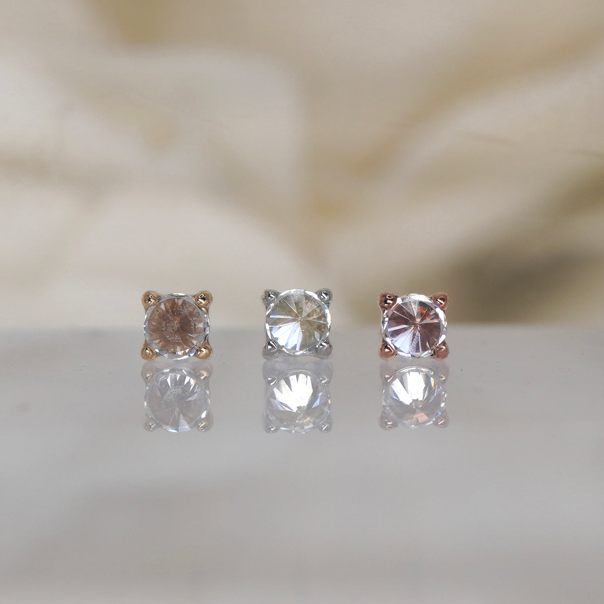 Buddha Jewelry reverse prong gem 14k solid gold white crystal prong threadless  yellow gold white gold rose gold group view