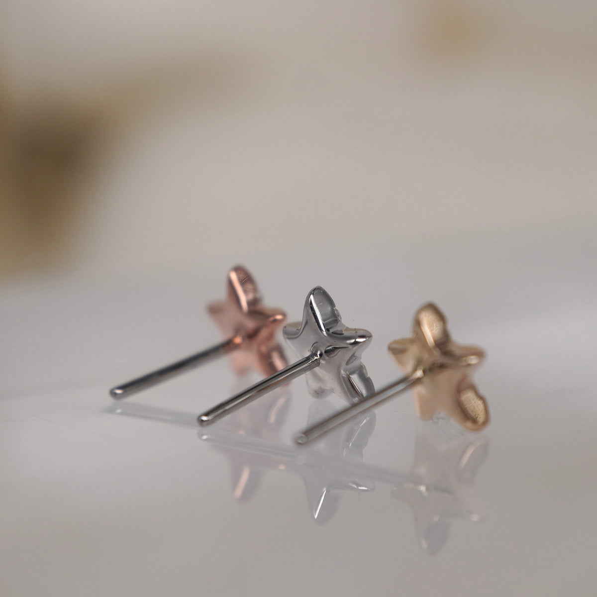 Buddha Jewelry Starling Star 6 gem 14k solid gold white crystal prong threadless  yellow gold white gold rose gold group back view showing threadless pin