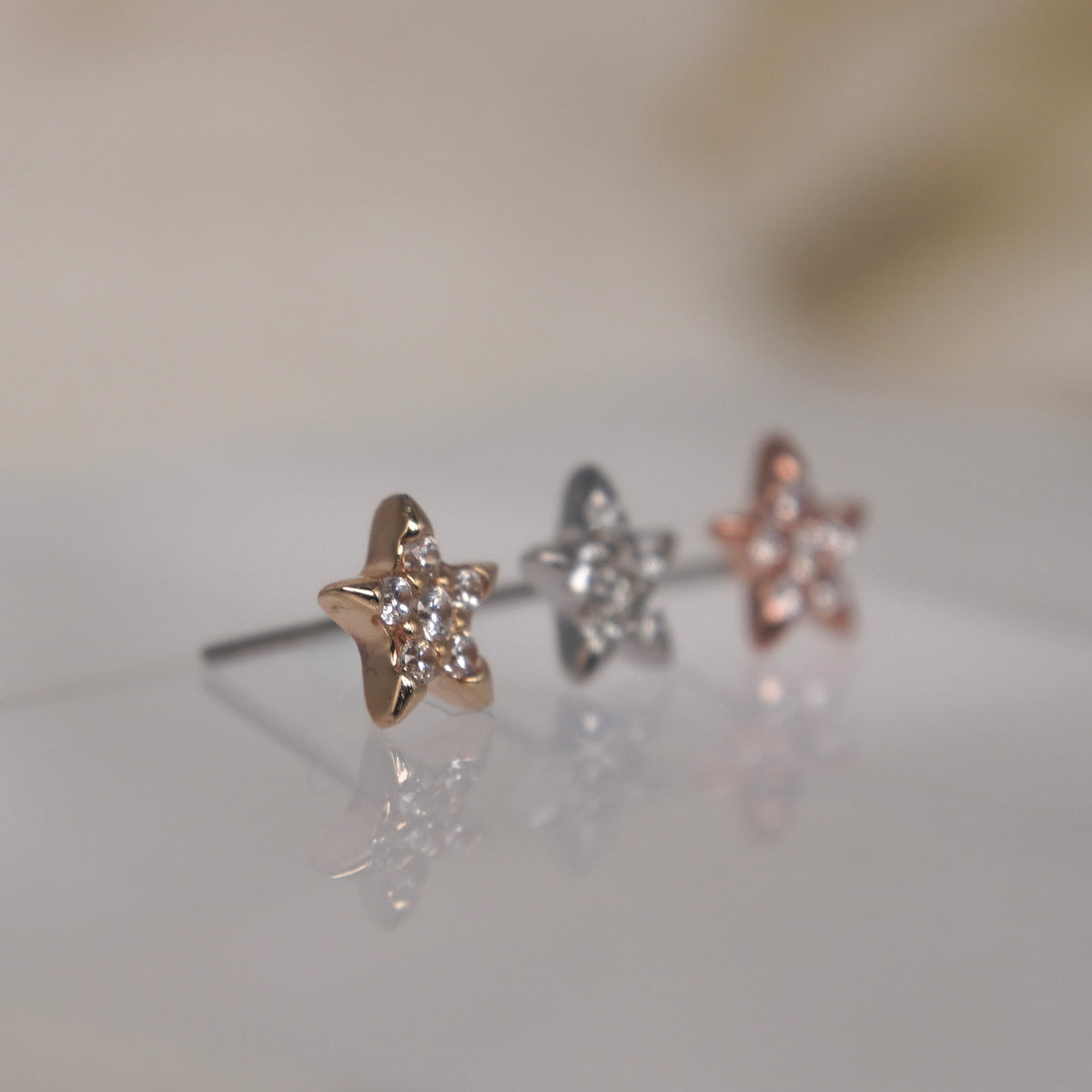 Buddha Jewelry Starling Star 6 gem 14k solid gold white crystal prong threadless  yellow gold white gold rose gold group side view