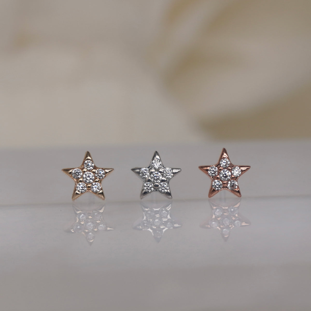 Buddha Jewelry Starling Star 6 gem 14k solid gold white crystal prong threadless  yellow gold white gold rose gold group view