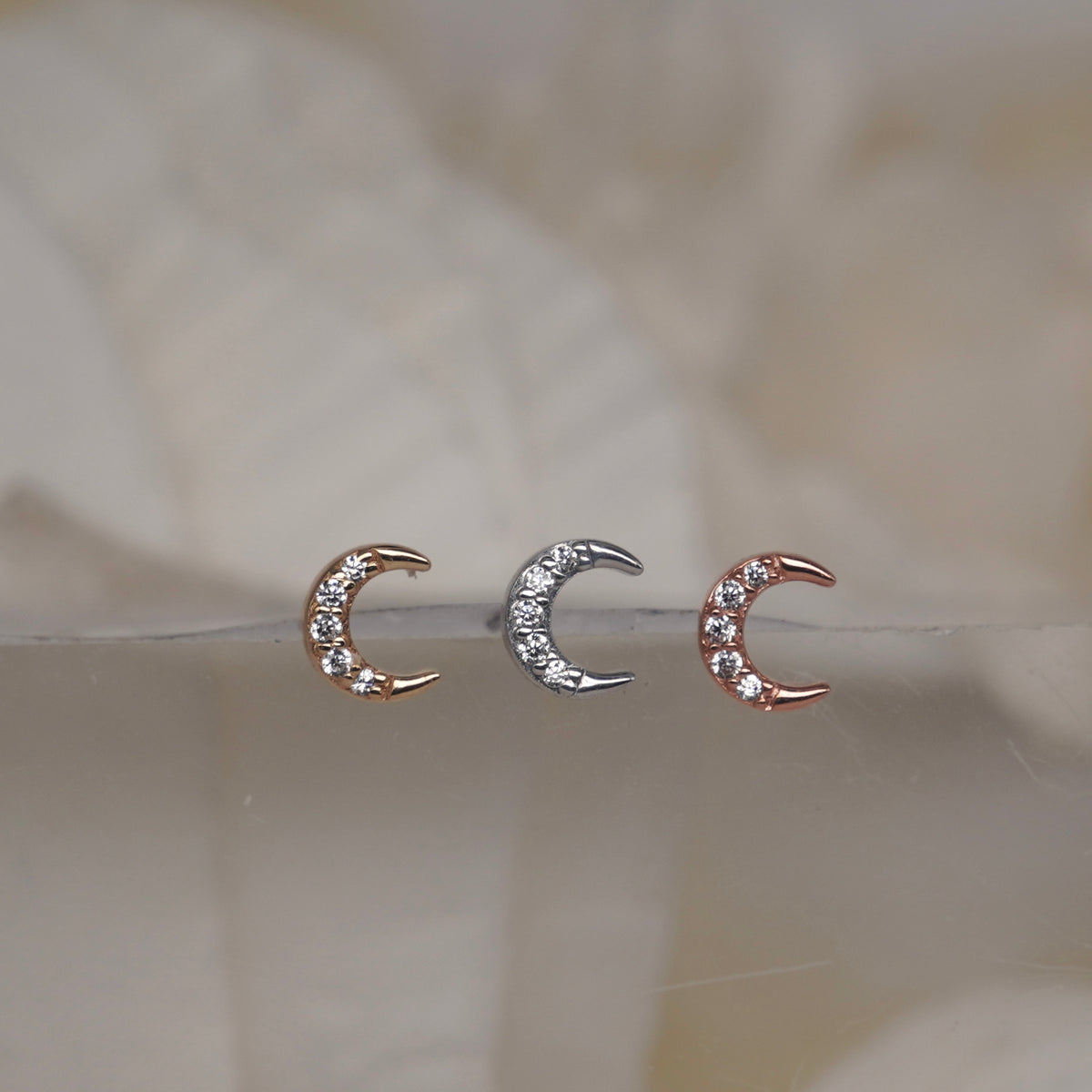 Buddha Jewelry Facing Heaven Moon 14k solid gold crystal threadless 3 moon yellow gold white gold rose gold