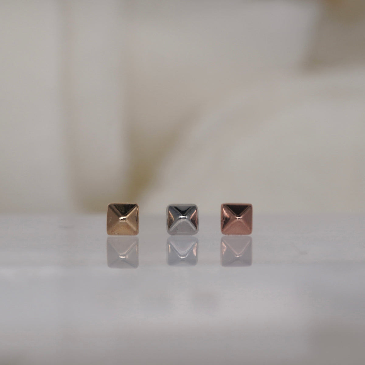 Buddha Jewelry 14k Gold Pyramid Spike Yellow Gold White Gold Rose Gold threadless square spike group view