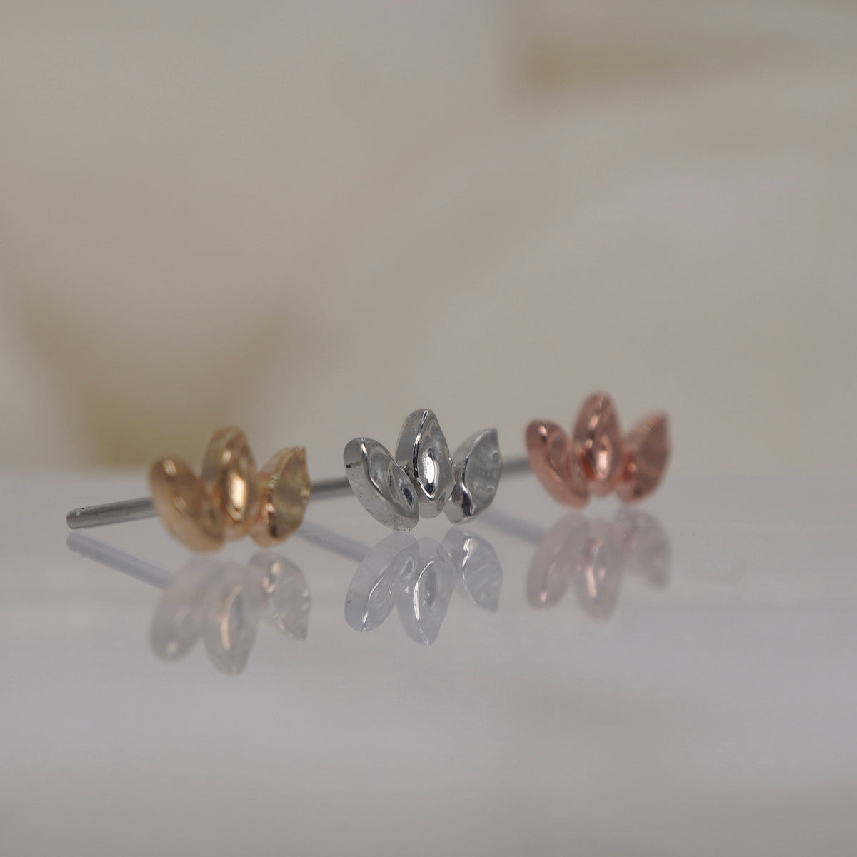 Buddha Jewelry 14k Gold Forged marquise Fan Yellow Gold White Gold Rose Gold threadless group side view