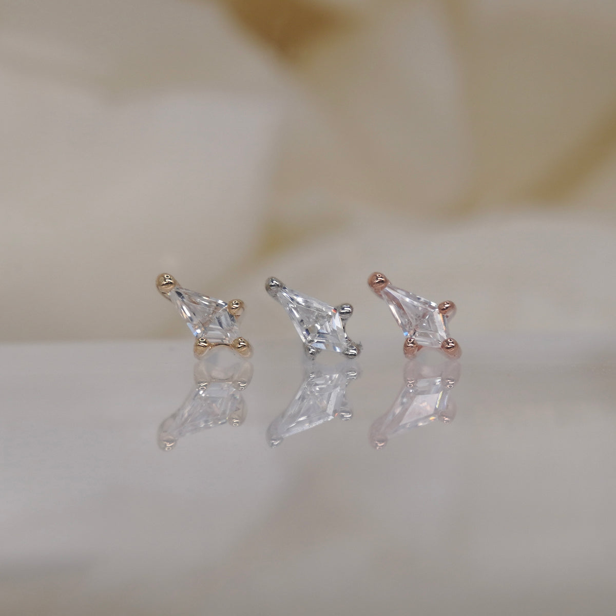 Buddha Jewelry 14k Gold Nolita kite cut white crystal in a prong setting Yellow Gold White Gold Rose Gold threadless group view
