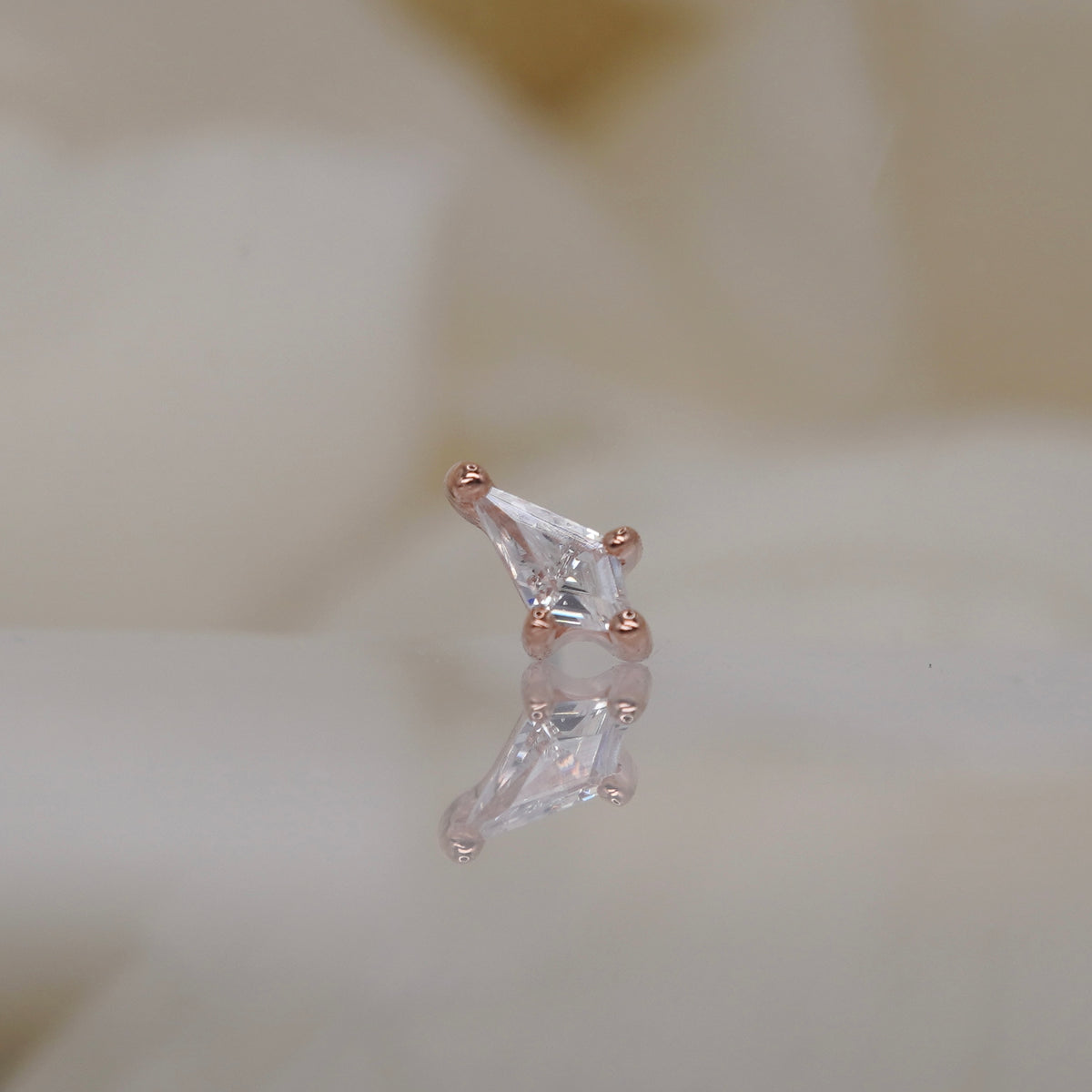Buddha Jewelry 14k Gold Nolita kite cut white crystal in a prong setting Rose Gold threadless 