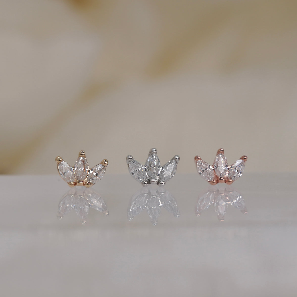 Buddha Jewelry 14k Gold petite moet marquis fan 3 white crystal marquis in a prong setting Yellow Gold White Gold Rose Gold threadless group view