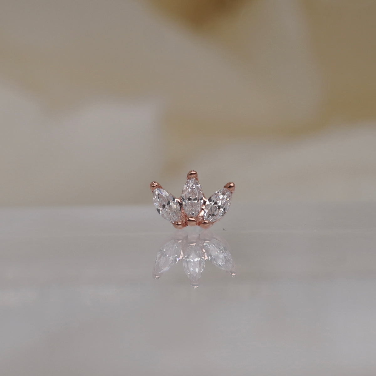 Buddha Jewelry 14k Gold petite moet marquis fan 3 white crystal marquis in a prong setting Rose Gold threadless 
