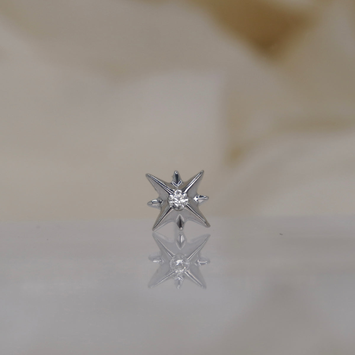 Buddha Jewelry 14k Gold written in the stars starburst twinkle small white crystal center White Gold threadless