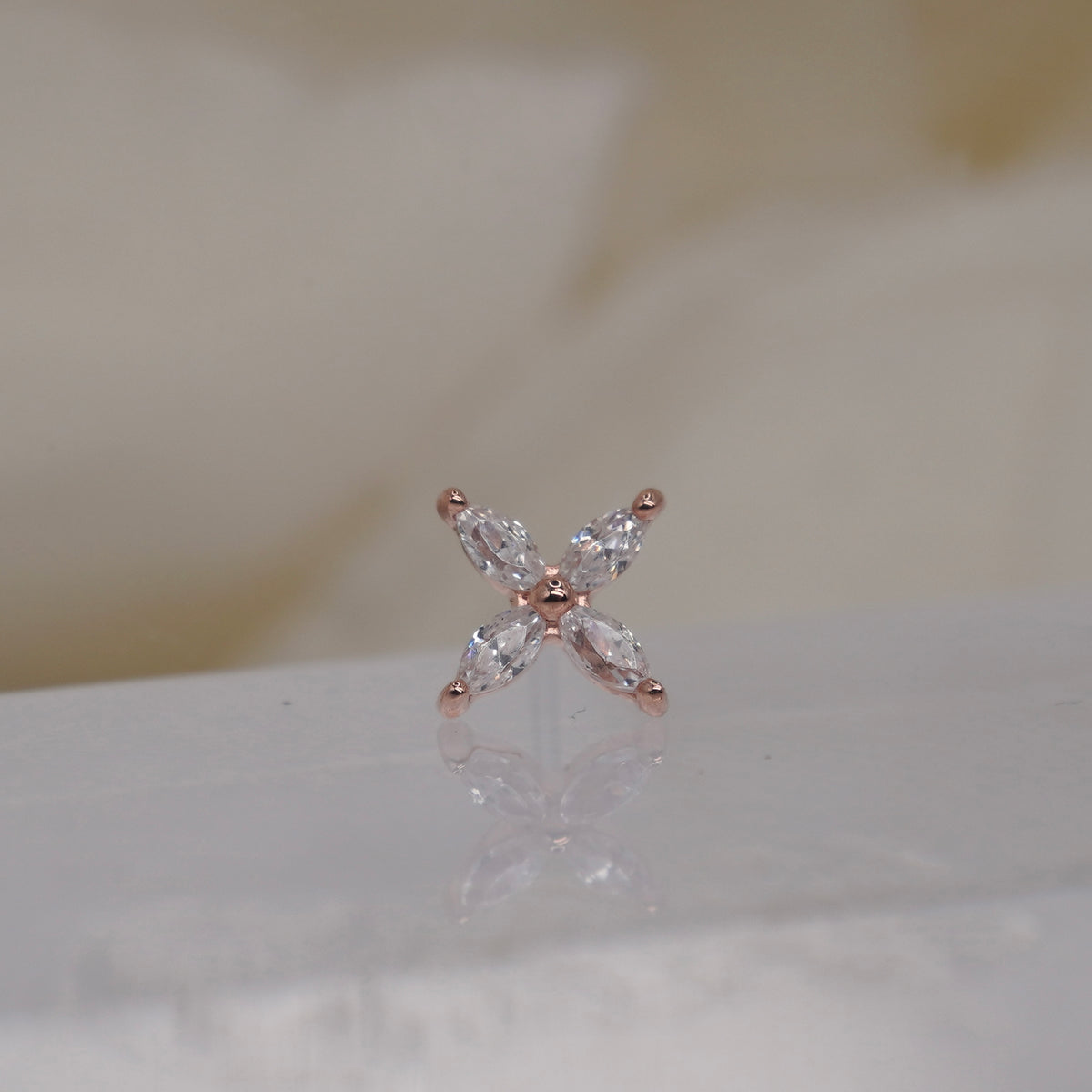Front view of the Atmosphere threadless end in 14k rose gold.