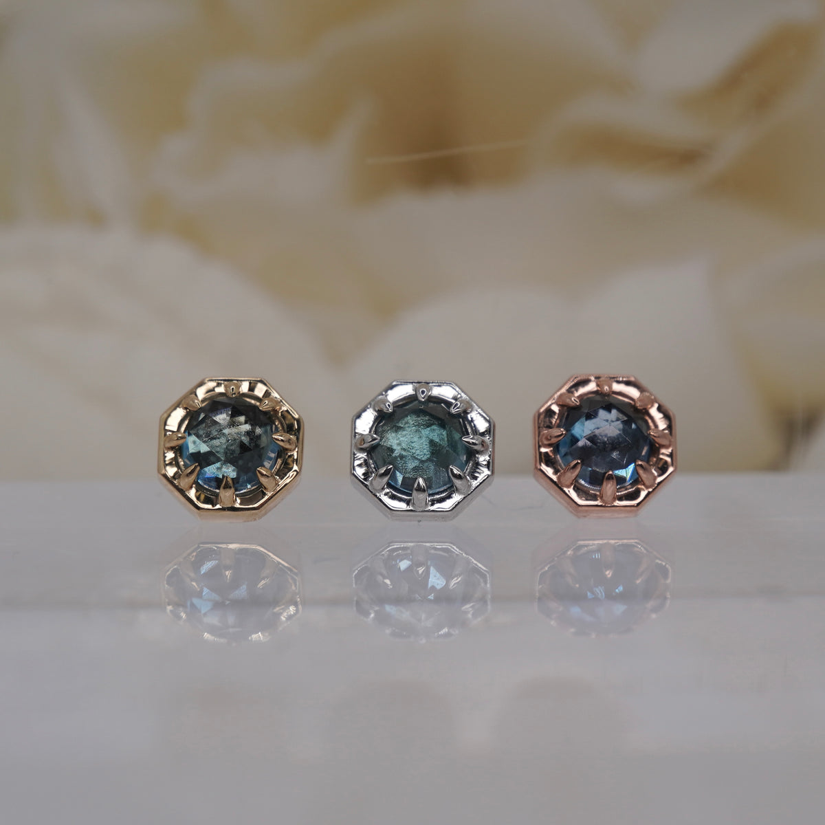 Tether 14k Orbis Crown with rose cut London Blue Topaz Threadless Yellow gold white gold rose group view