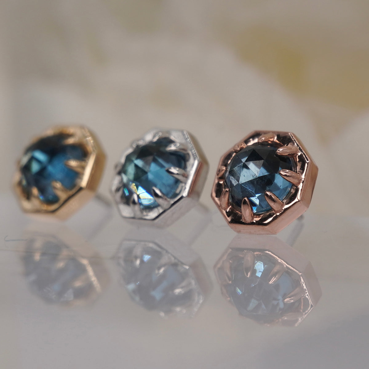 Tether 14k Orbis Crown with rose cut London Blue Topaz Threadless Yellow gold white gold rose group side view showing detail