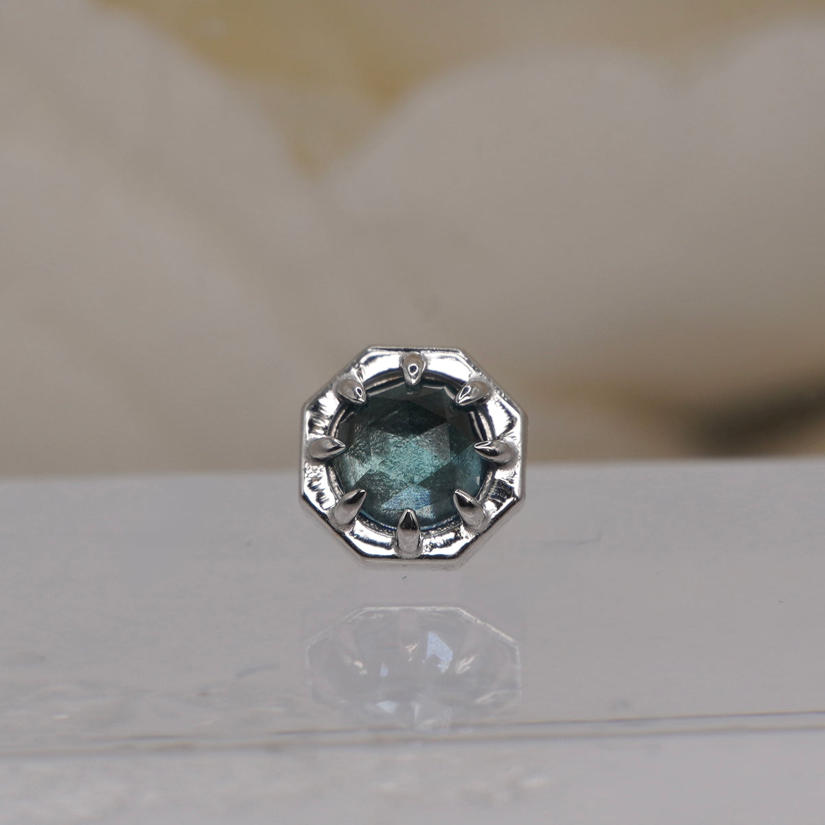 Tether 14k Orbis Crown with rose cut London Blue Topaz Threadless white gold