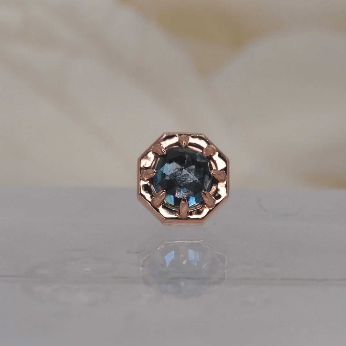 Tether 14k Orbis Crown with rose cut London Blue Topaz Threadless rose gold
