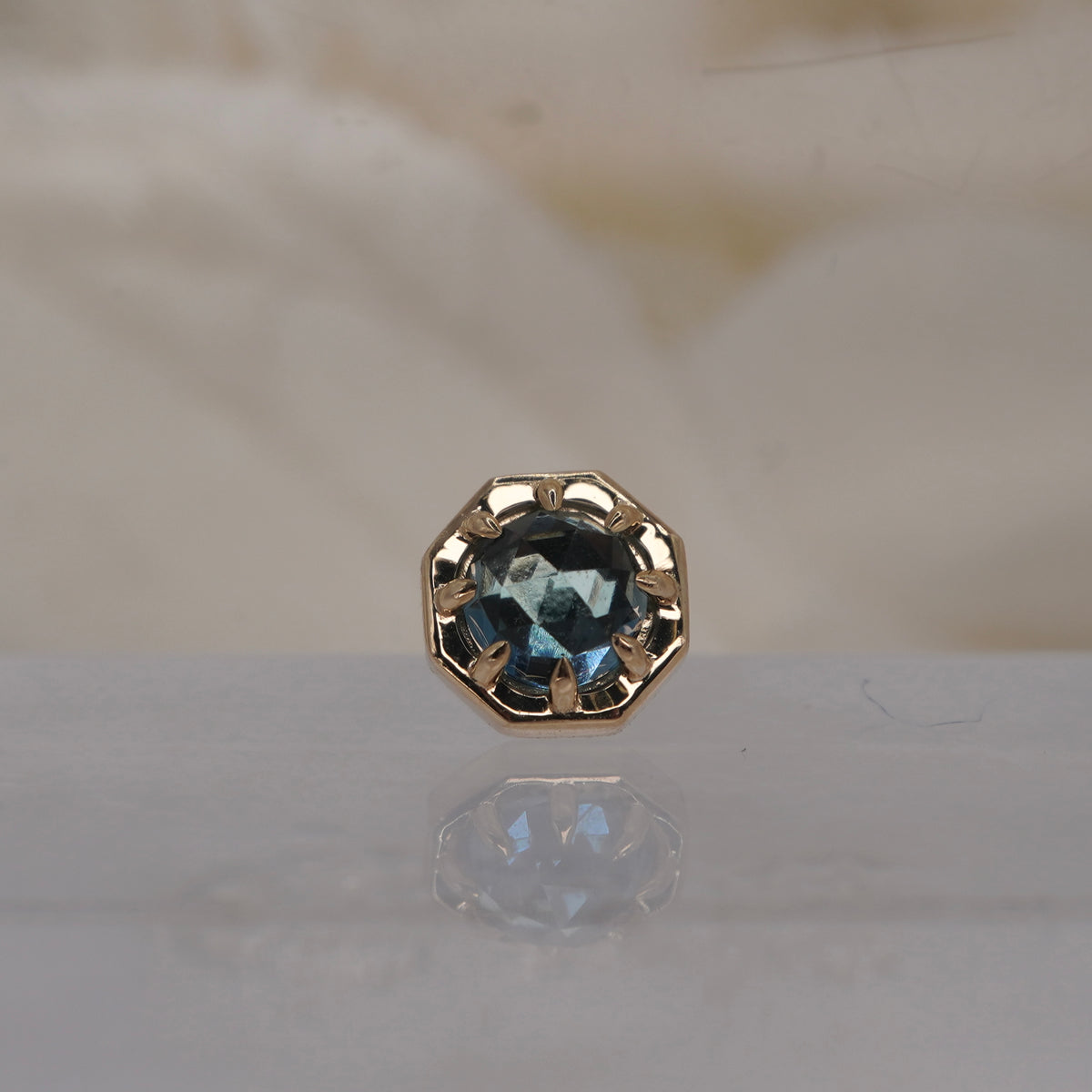 Tether 14k Orbis Crown with rose cut London Blue Topaz Threadless Yellow gold 