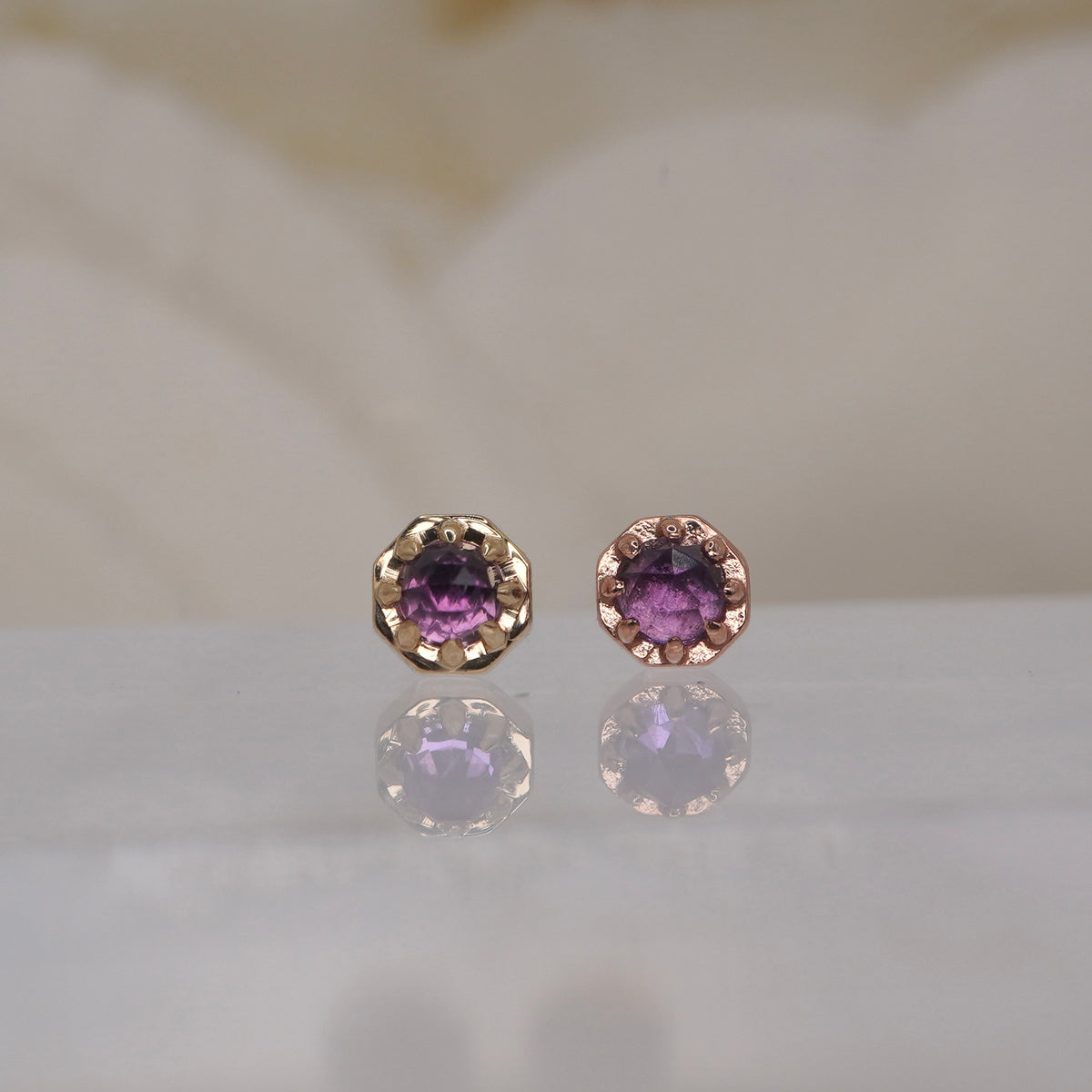 Tether 14k Orbis Crown with rose cut amethyst Threadless Yellow gold white gold rose group view