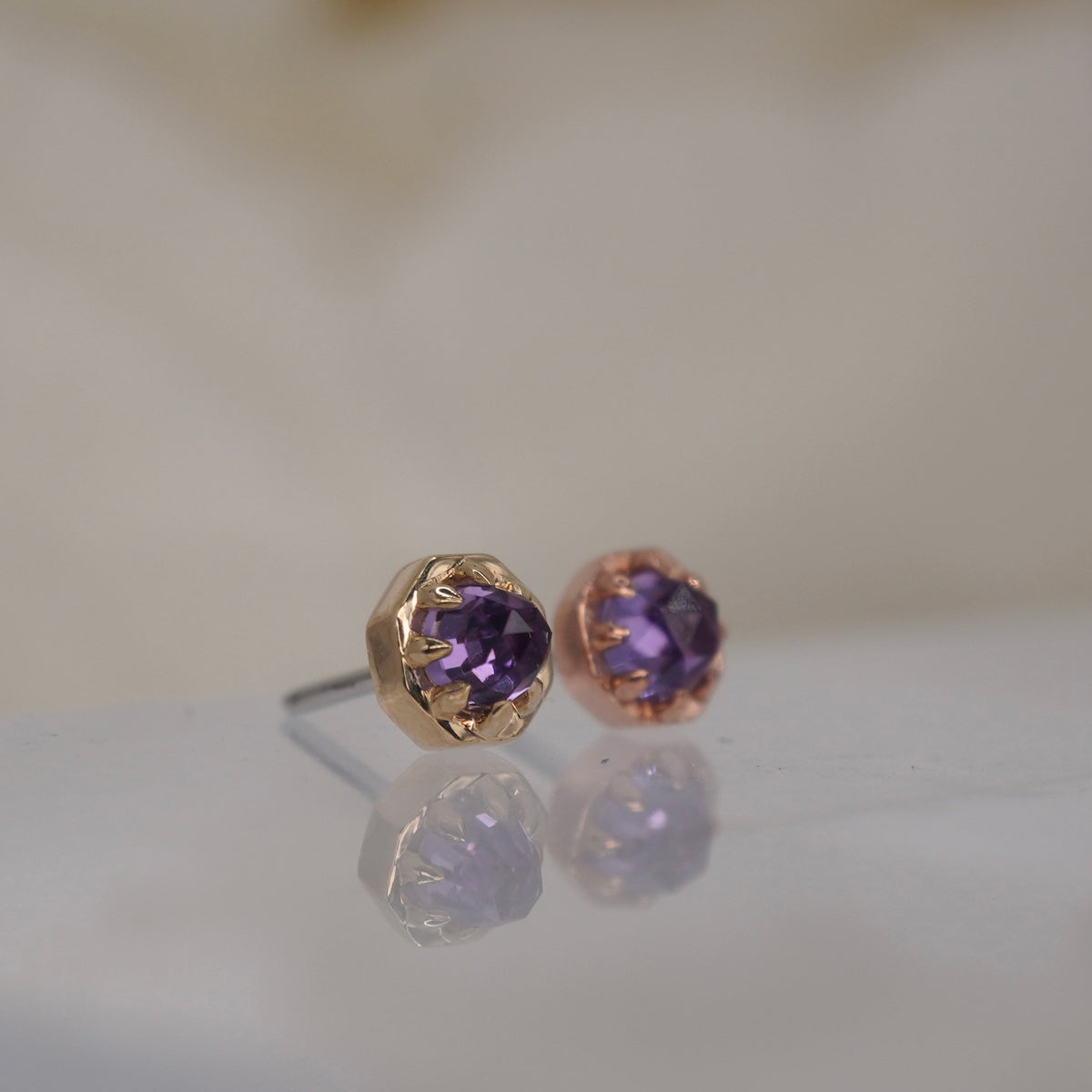 Tether 14k Orbis Crown with rose cut Amethyst Threadless Yellow gold white gold rose group side view showing detail