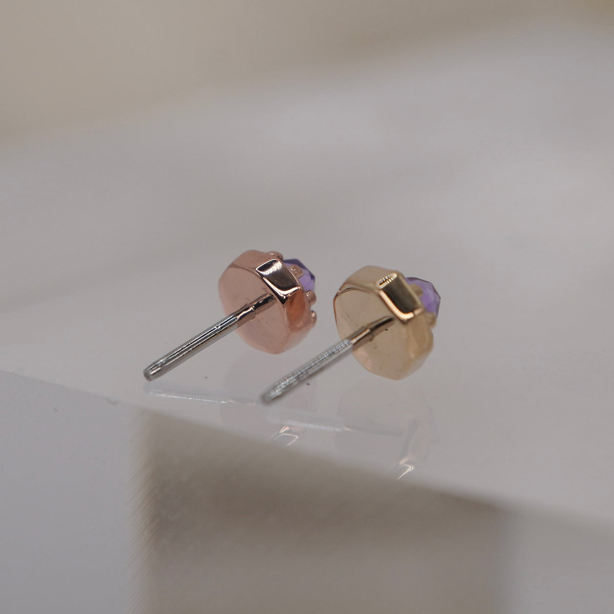 Tether 14k Orbis Crown with rose cut Amethyst Threadless Yellow gold white gold rose group back view showing threadless pin