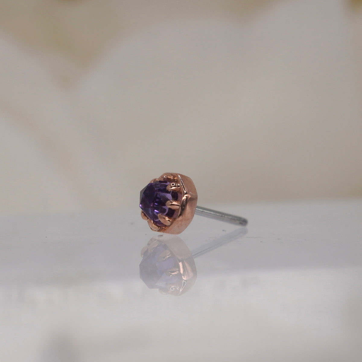 Tether 14k Orbis Crown with rose cut Amethyst Threadless rose gold side view showing detail