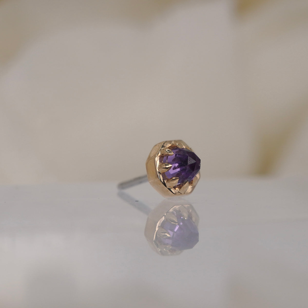 Tether 14k Orbis Crown with rose cut Amethyst Threadless Yellow gold side view showing detail