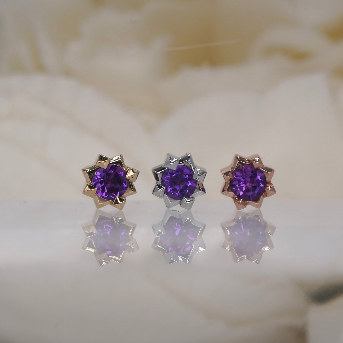 Tether 14k gold stella star amethyst princess cut in yellow gold white gold rose gold group shot 