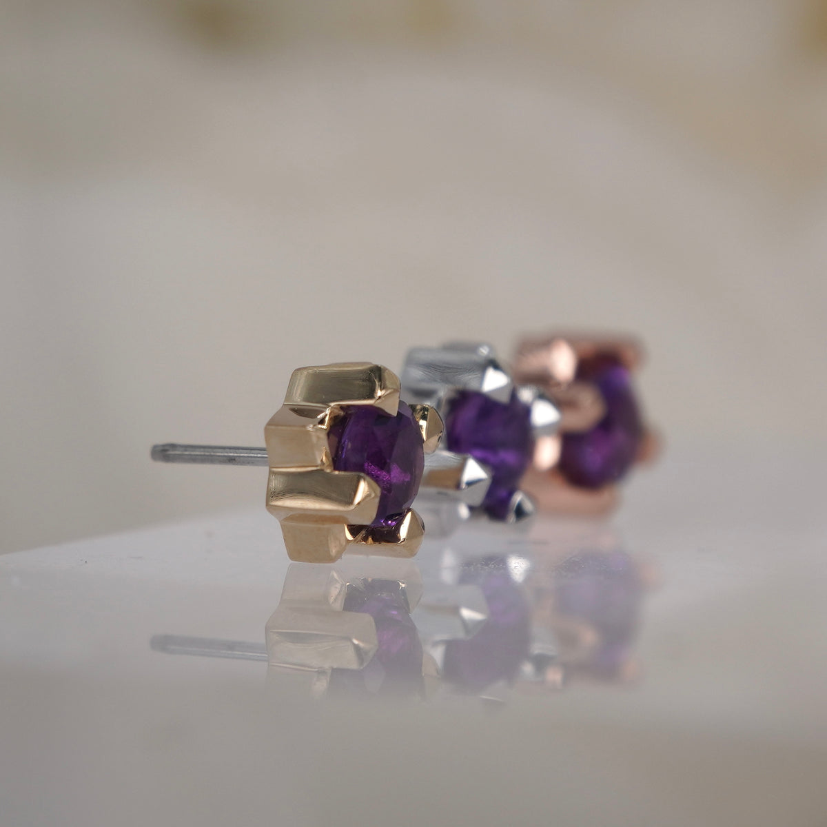 Tether 14k gold stella star amethyst princess cut in yellow gold white gold rose gold group shot side view showing detail and threadless pin