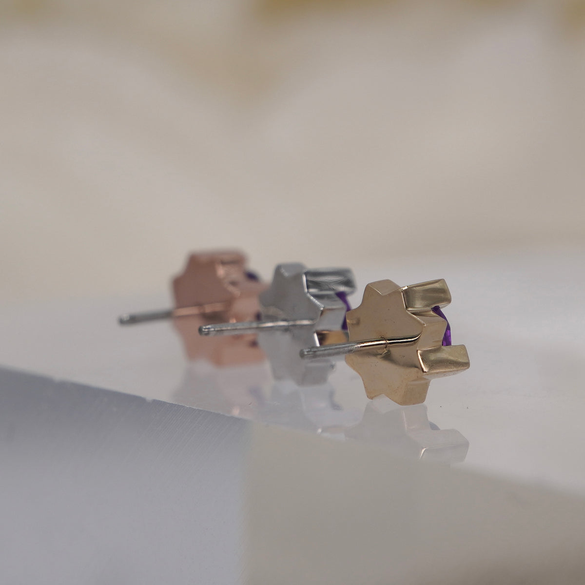 Tether 14k gold stella star amethyst princess cut in yellow gold white gold rose gold group shot back view showing detail and threadless pin