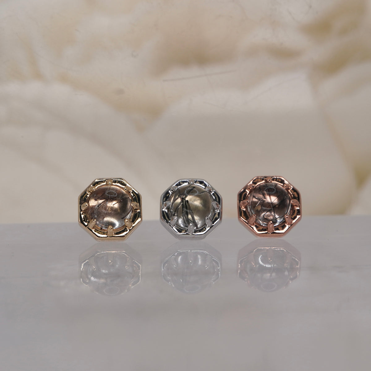 Tether 14k Orbis Crown with  Tourmalated Quartz Threadless Yellow gold white gold rose gold group shot 