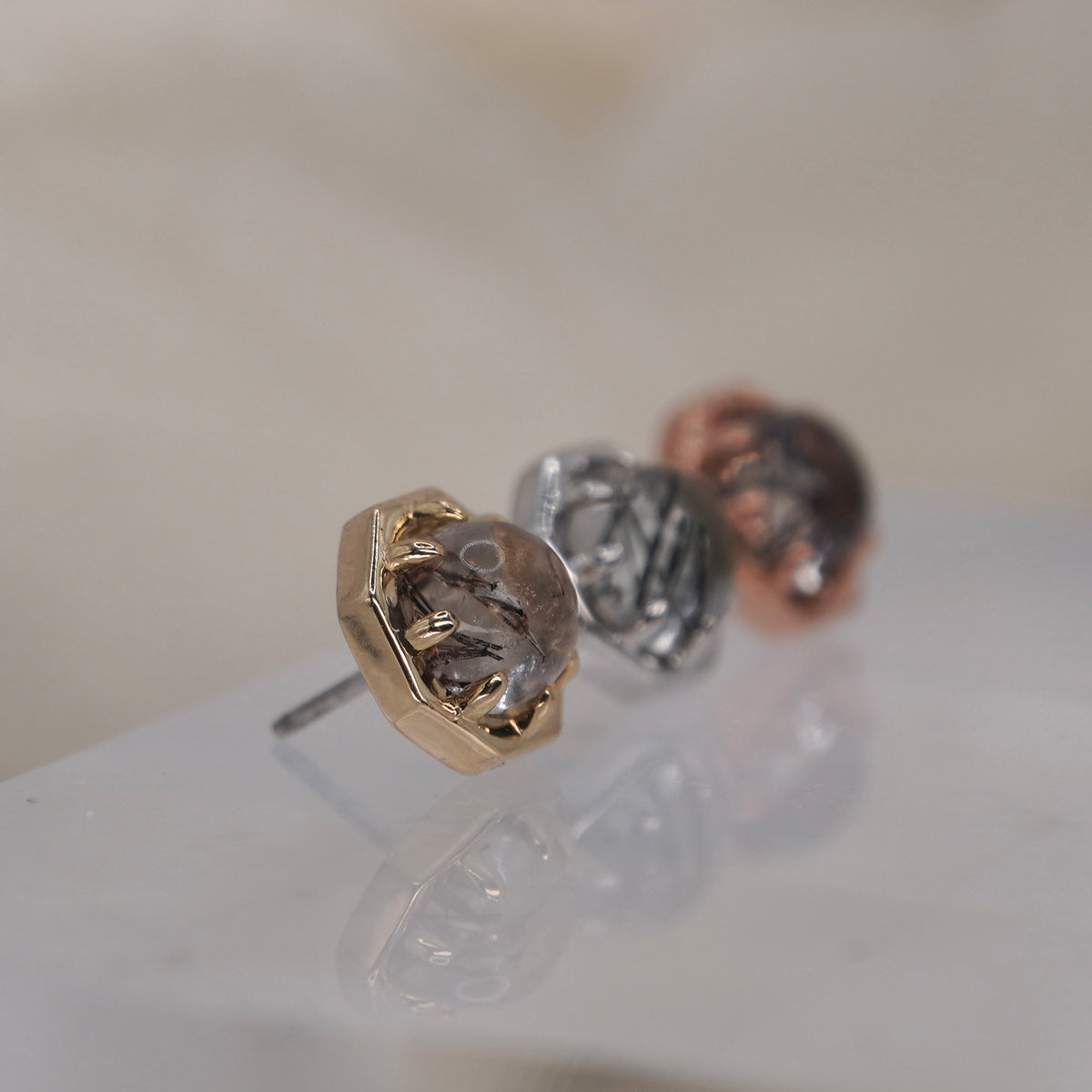 Tether 14k Orbis Crown with  Tourmalated Quartz Threadless Yellow gold white gold rose gold group shot showing detail and threadless pin