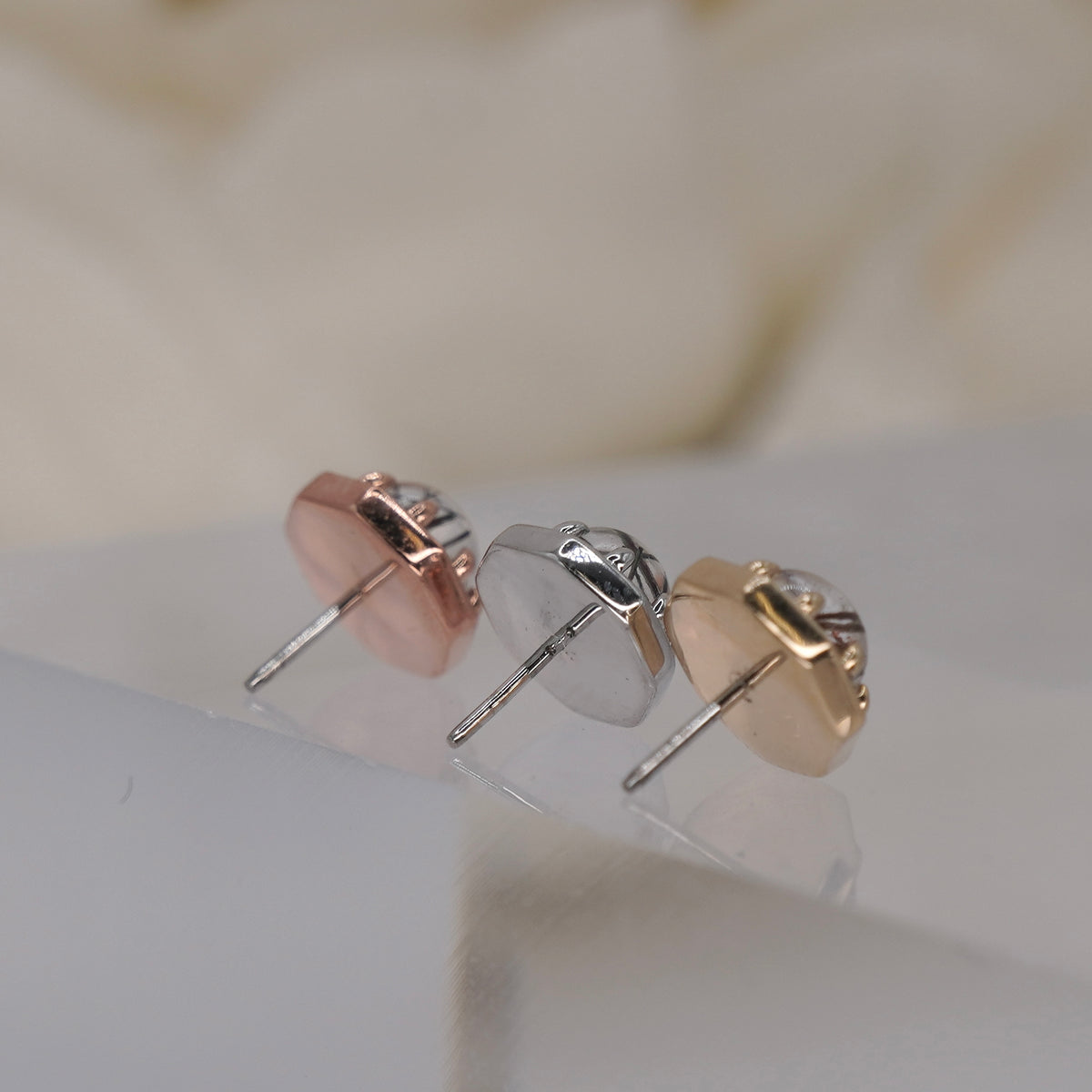 Tether 14k Orbis Crown with  Tourmalated Quartz Threadless Yellow gold white gold rose gold group shot back view showing detail and threadless pin