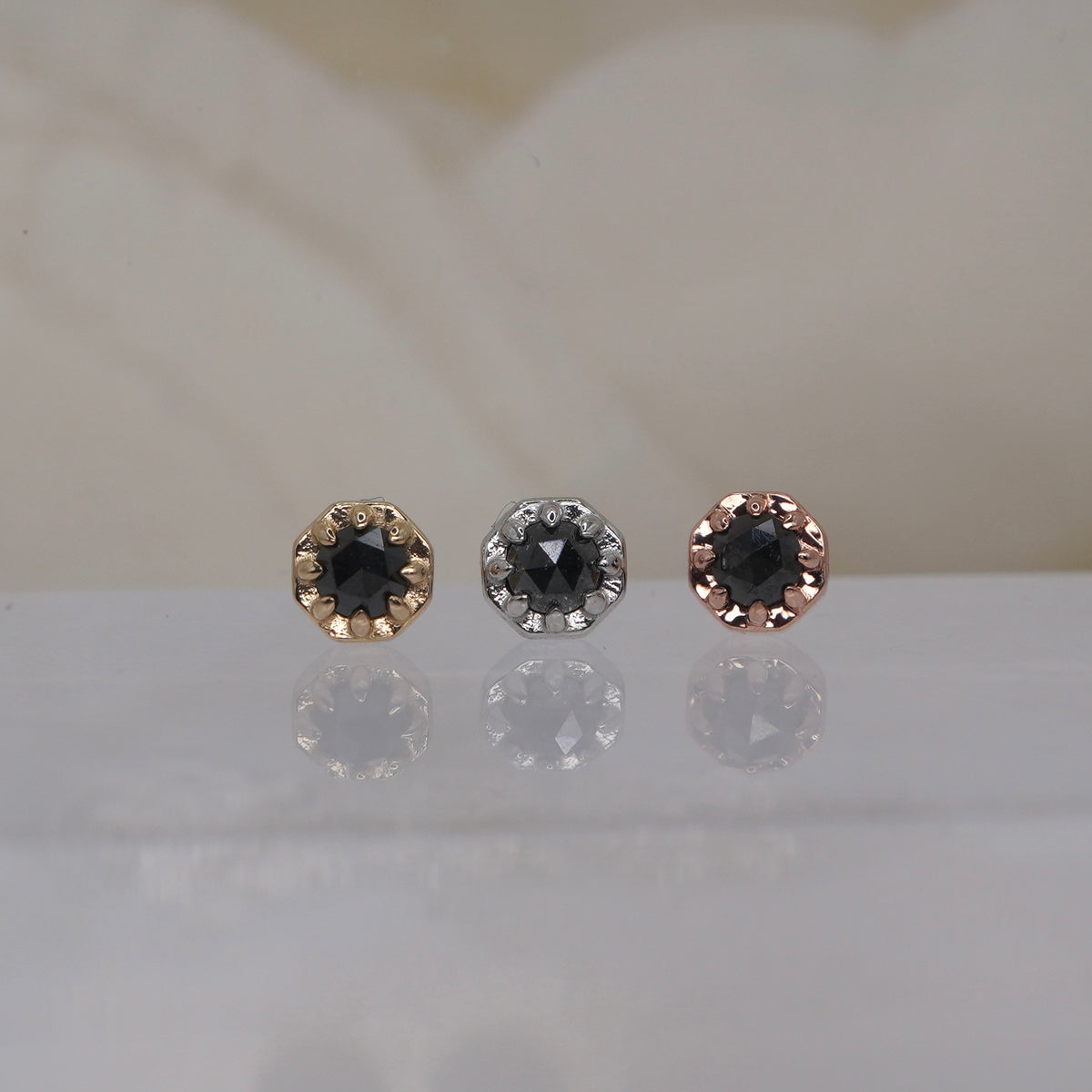 Tether 14k Orbis Crown with  rose cut genuine black diamond Threadless Yellow gold white gold rose gold group shot 