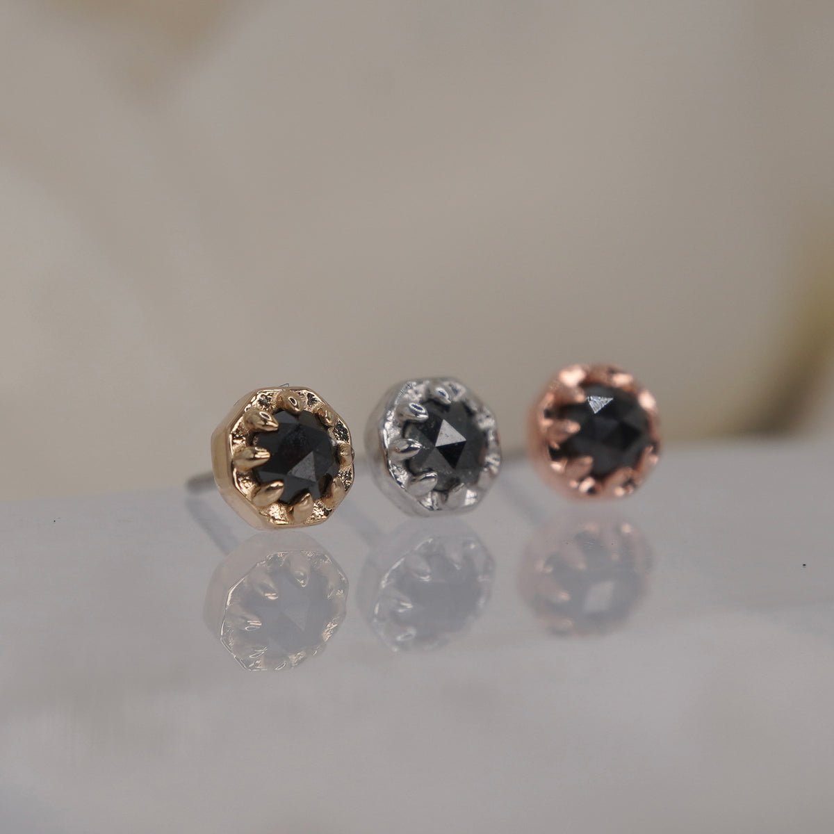 Tether 14k Orbis Crown with  rose cut genuine black diamond Threadless Yellow gold white gold rose gold group shot side view showing detail