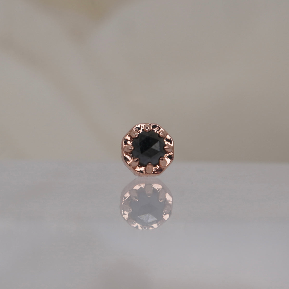 Tether 14k Orbis Crown with  rose cut genuine black diamond Threadless rose gold 