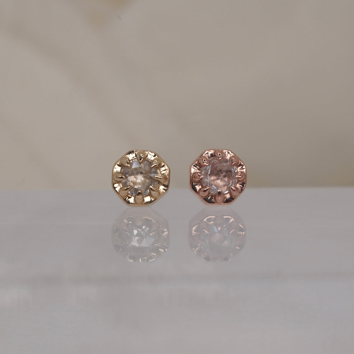 Tether 14k Orbis Crown with  rose cut genuine diamond Threadless Yellow gold white gold rose gold group shot