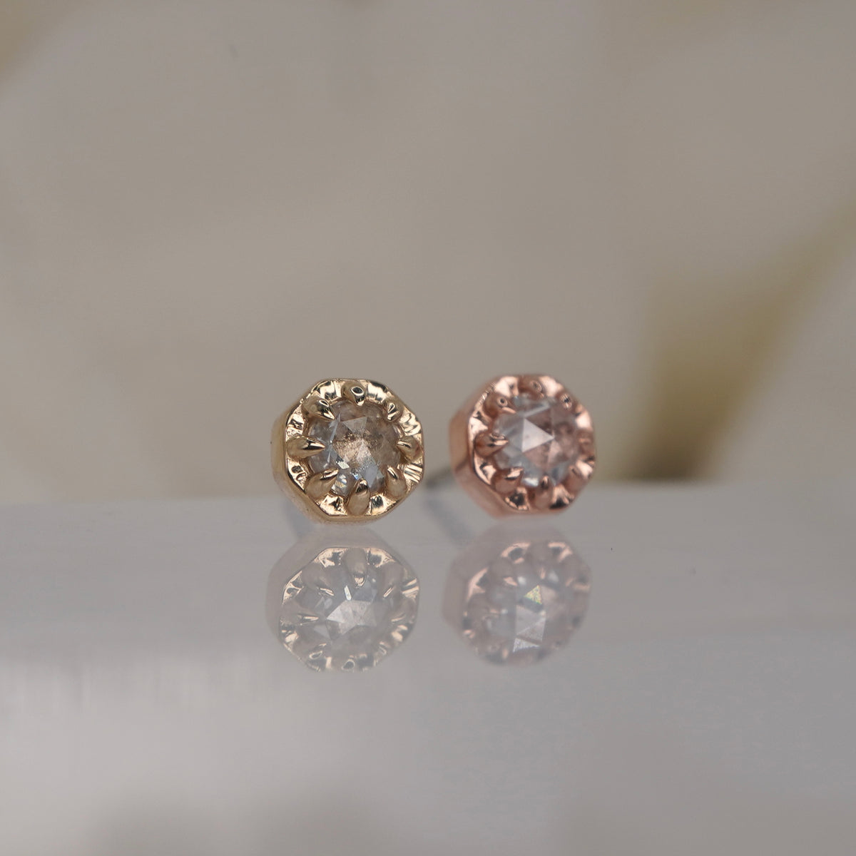 Tether 14k Orbis Crown with  rose cut genuine white diamond Threadless Yellow gold white gold rose gold group shot side view showing detail 
