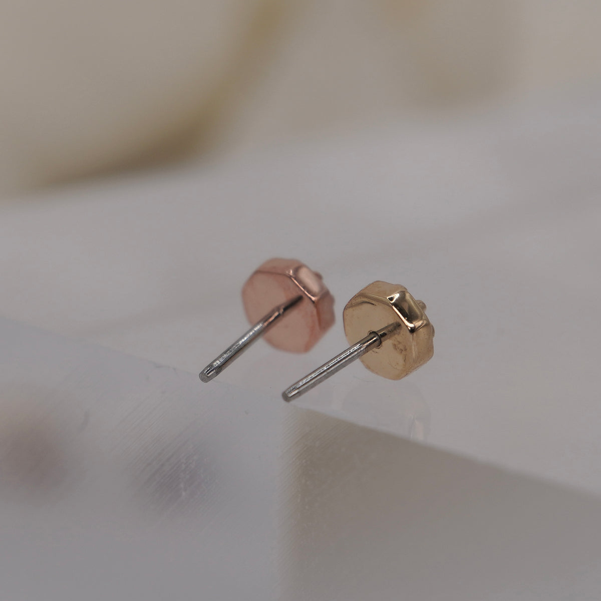 Tether 14k Orbis Crown with  rose cut genuine white diamond Threadless Yellow gold white gold rose gold group shot back view showing detail and threadless pin