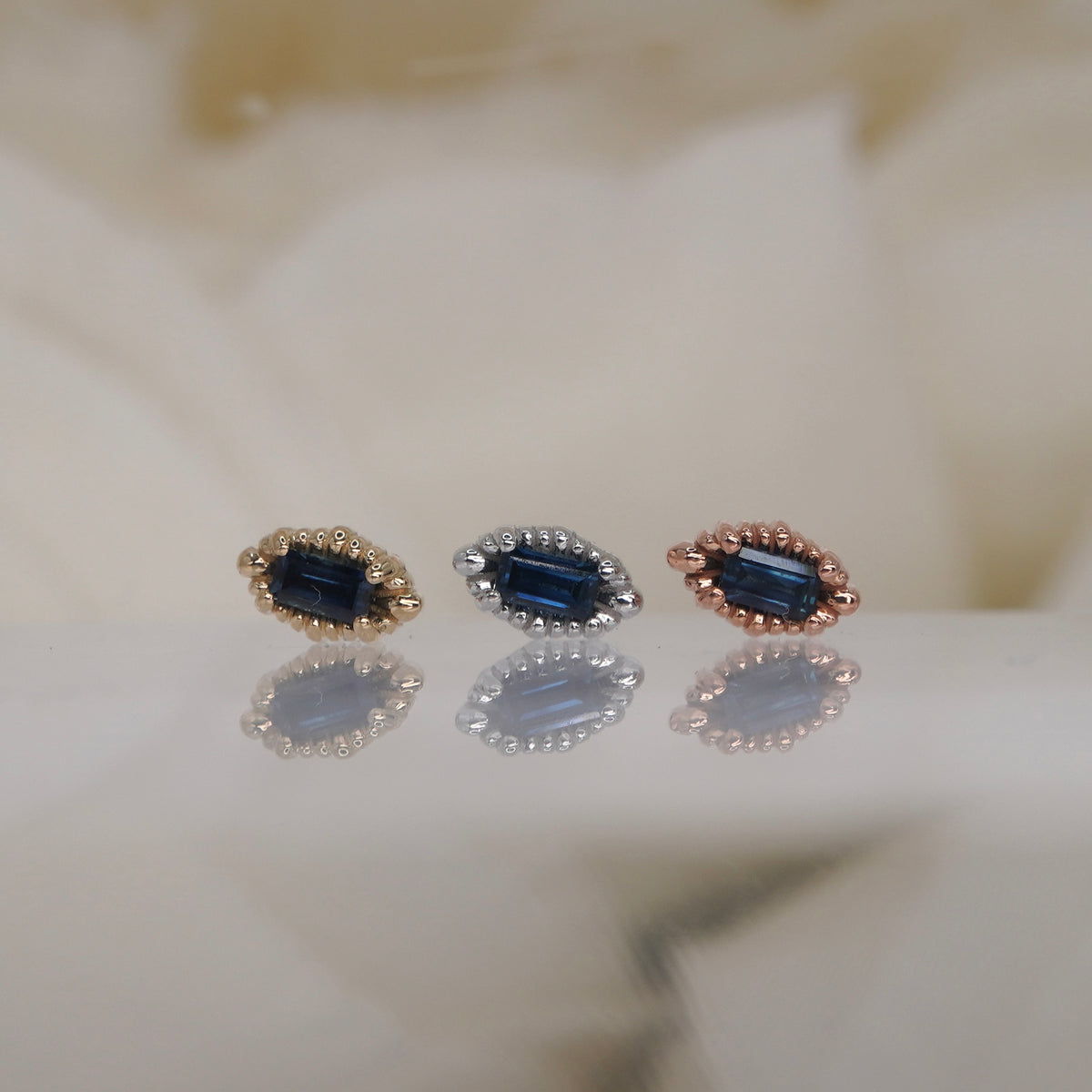 Tether 14k gold Melange Baguette with london blue topaz delicate beading in yellow gold white gold rose gold group shot 