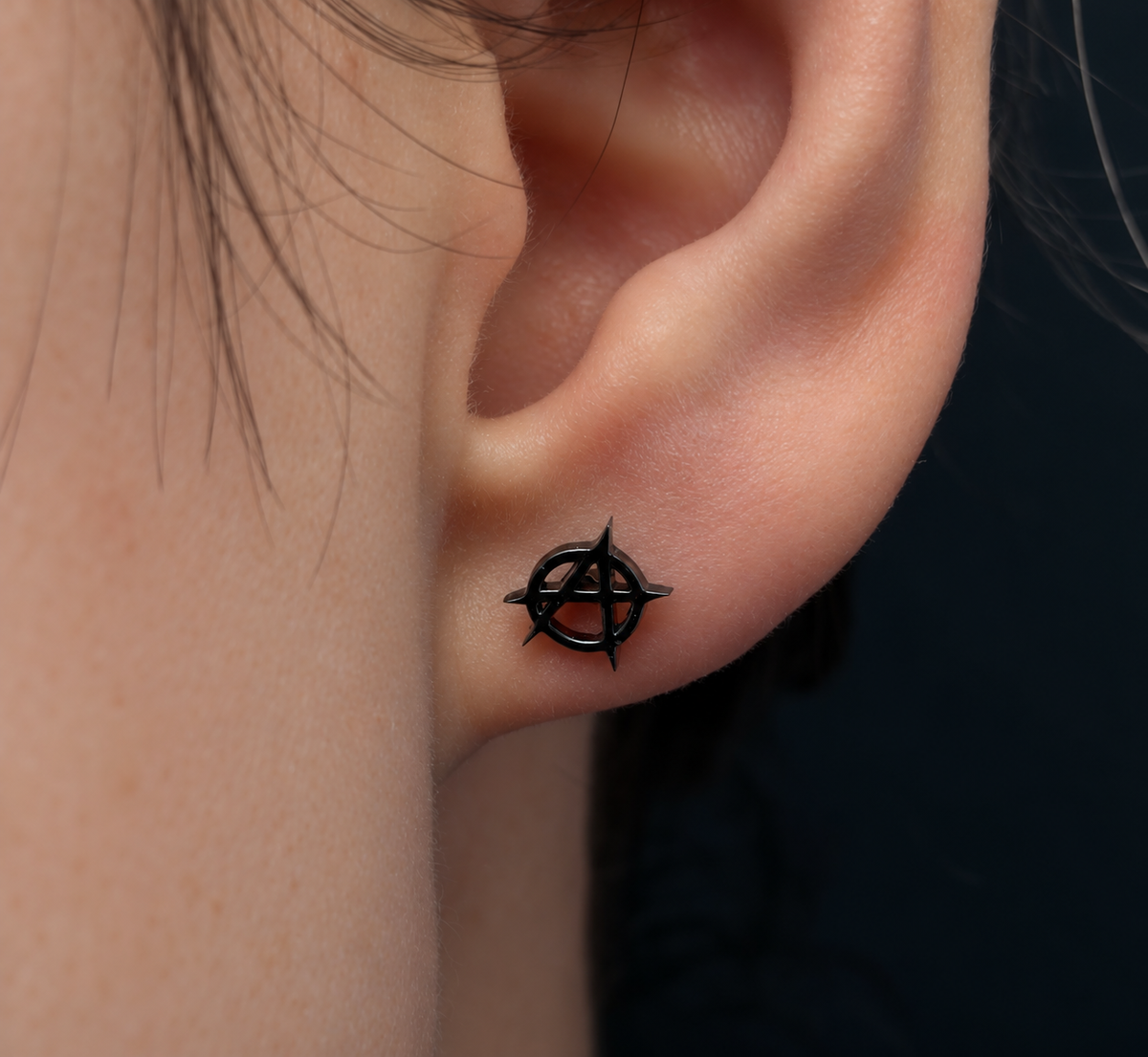 Black Rhodium BVLA Anarchy worn in an earlobe piercing