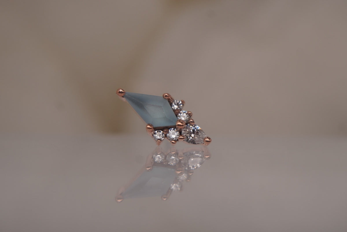 Front view of the 14k rose gold Afterglow threadless end with sandblasted Swiss blue topaz.
