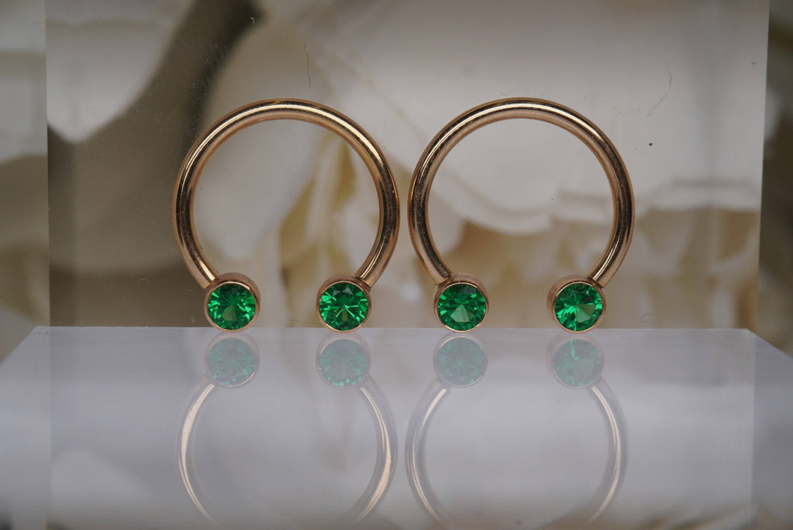 Pair of Circular Barbell in Yellow Gold with Green Swarovski Crystals- 14g 1/2"