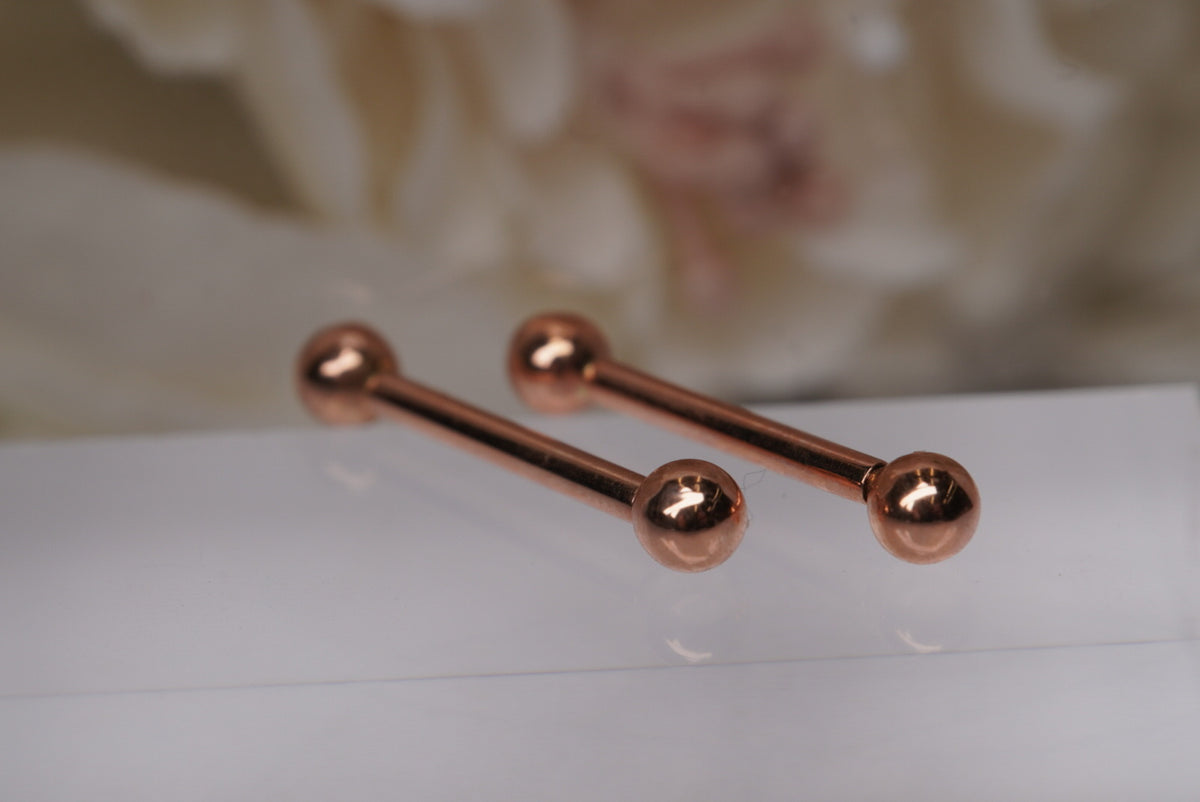 14k solid gold threaded barbells in 14g various sizes yellow gold white gold rose gold nipple jewelry