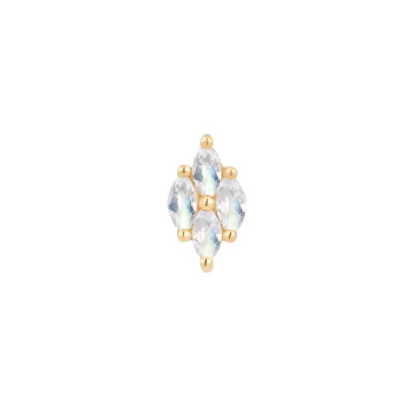 Stock image of Buddha Jewelry’s “Dream On” in 14k yellow gold, showing its clustered rainbow moonstones and soft iridescent glow.