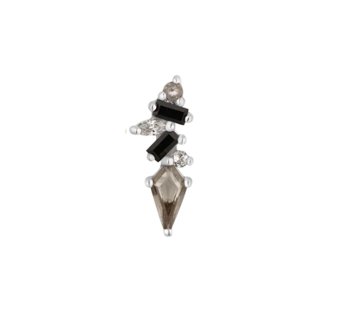 Buddha Jewelry Organics 14k 3.5x9.5mm "Mixt" with Smokey Quartz and Black Spinel. THREADLESS in white gold stock image