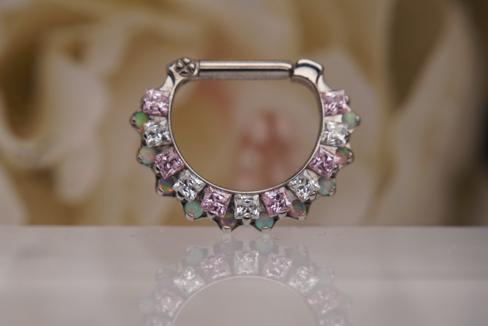 21 Gem Pink & White Crystals with Pink and White Opals Clicker in 16g