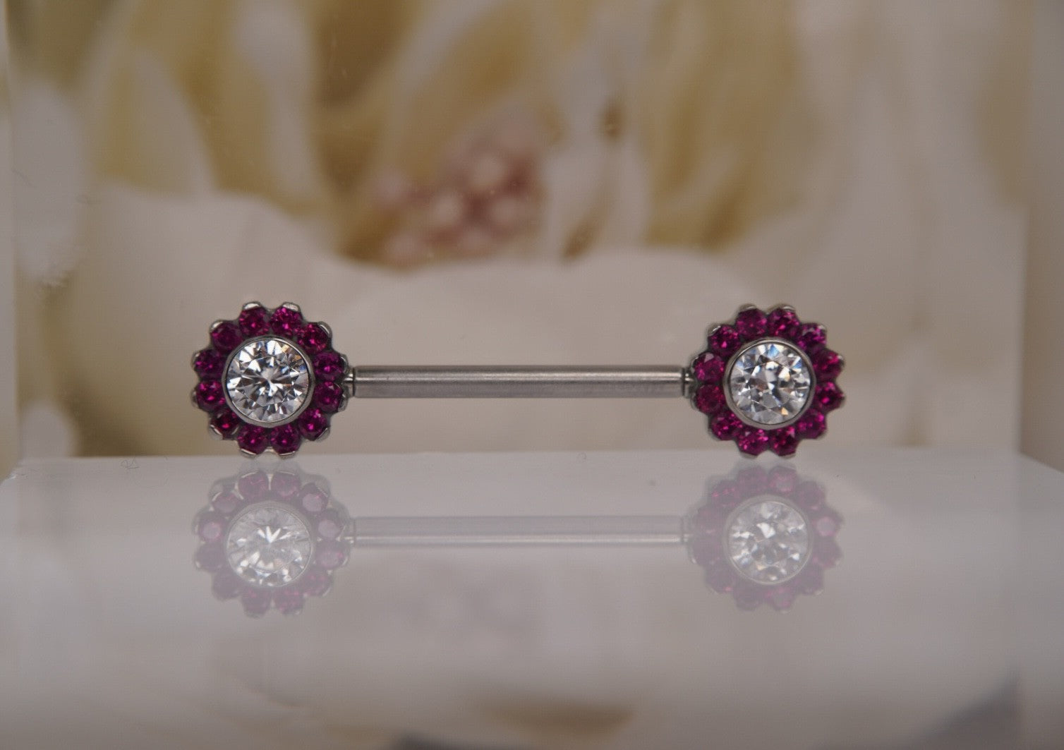 Flower Nipple Barbell Ends in Red & White Crystals