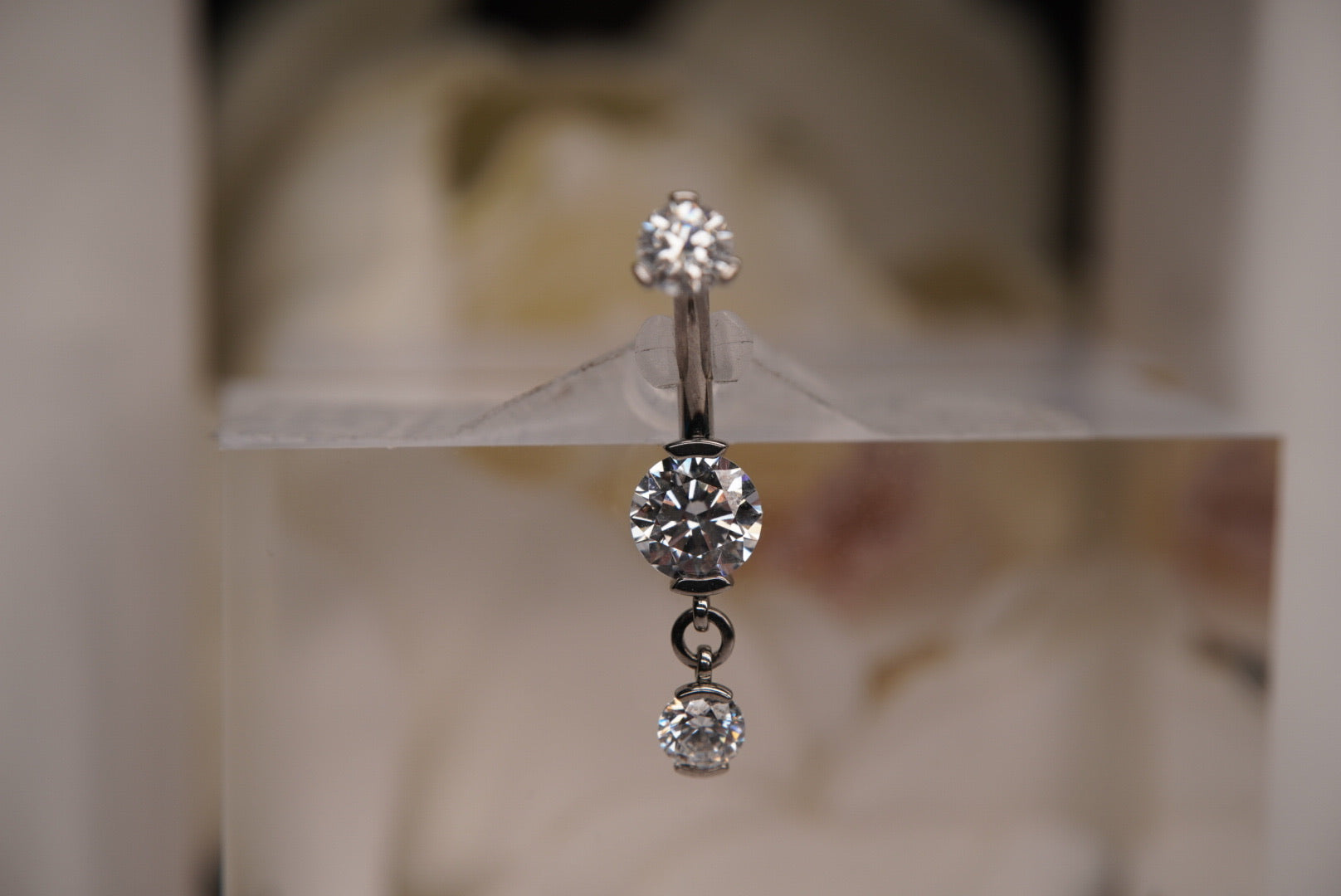White Crystal Navel Dangle in a Prong Setting  (4mm/6mm/4mm)