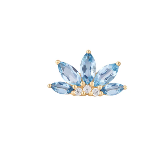 Buddha Jewelry Organics 14k 5.8x10mm "Valentina" with London Blue Topaz and Crystals. THREADLESS in yellow gold stock image